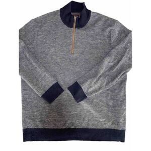 Untuckit Pullover Mens XXL Blue Wool Belguardo Jacquard 1/4 Zip Navy Sweater
